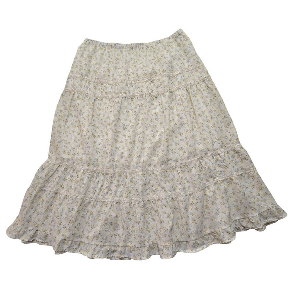 Celebrity Pink Womens Floral Tiered Midi Skirt White Blue Yellow‎ Lace Trim L